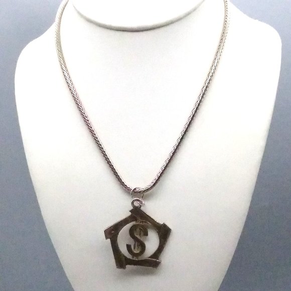 Distressed Vintage Dollar Sign Pendant Necklace, Fun Money on Silver Tone Chunky - Picture 3 of 4